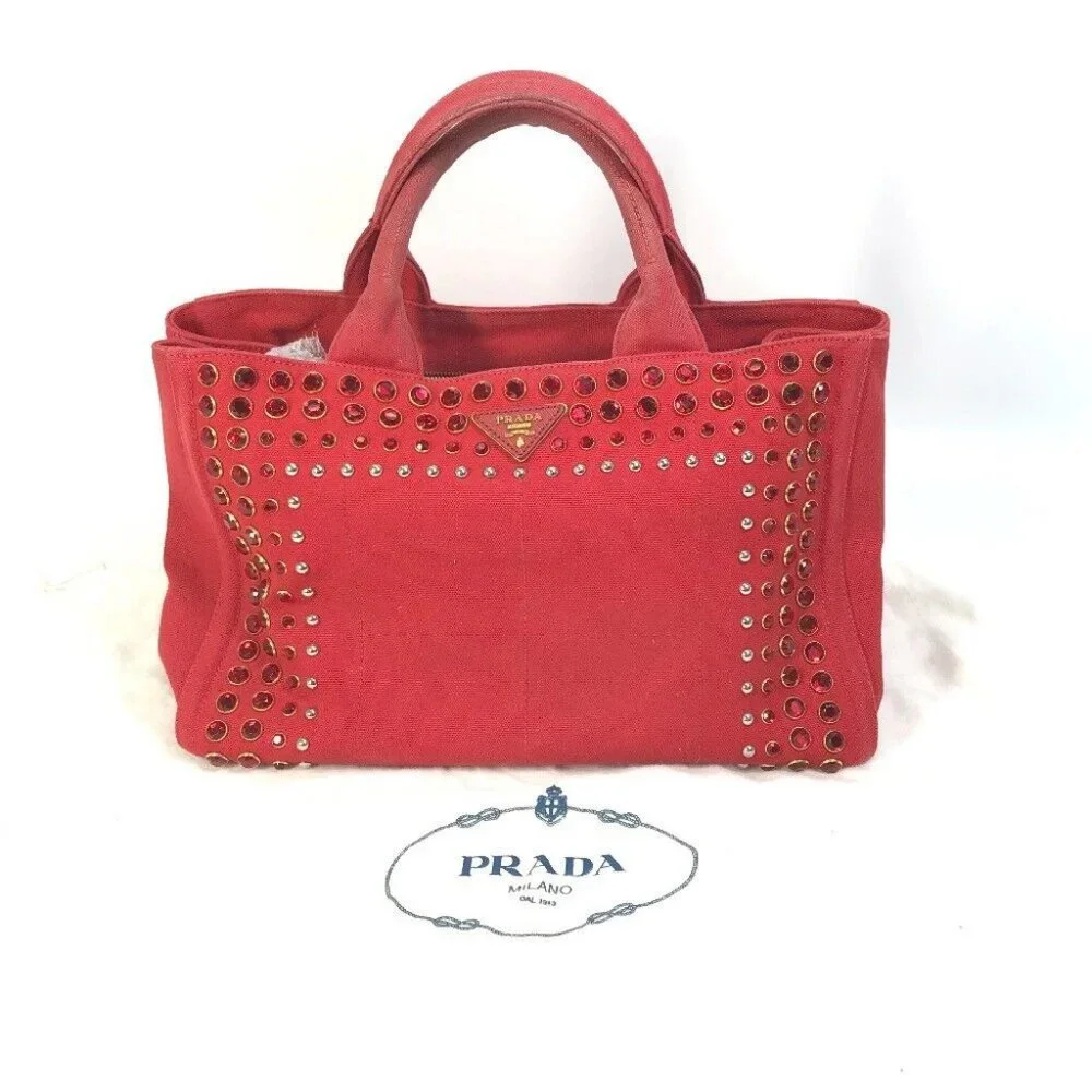 PRADA triangle logo plate Kanapa GM Bijoux Hand Bag Tote Bag Canvas Red - Picture 4 of 16